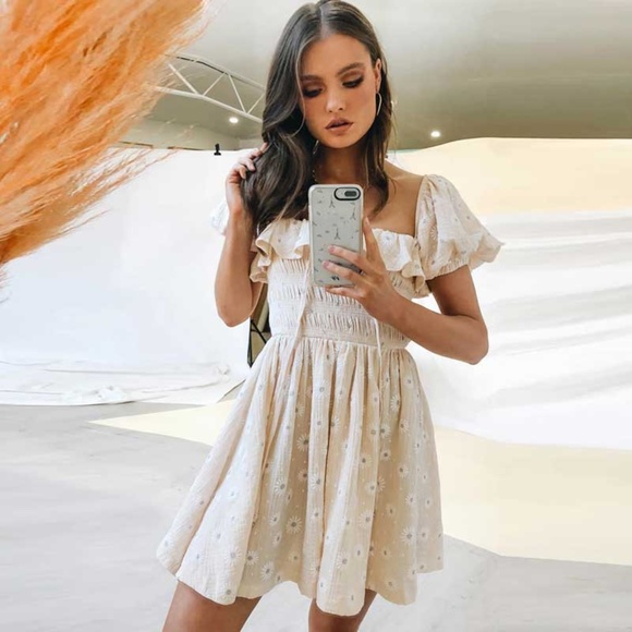 Cream Boho OFF shoulder Floral Print Mini  DRESS - Picture 4 of 9